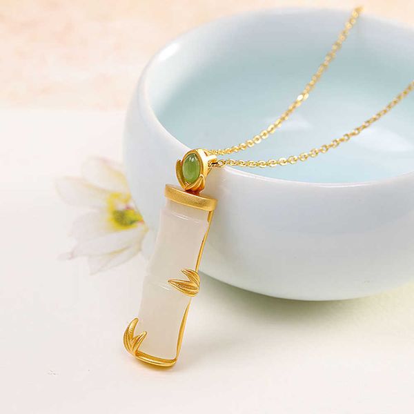 

tkj 100% s925 sterling silver women's necklace, retro, gold-plated, inlaid with n jade, bamboo pendant, fashion