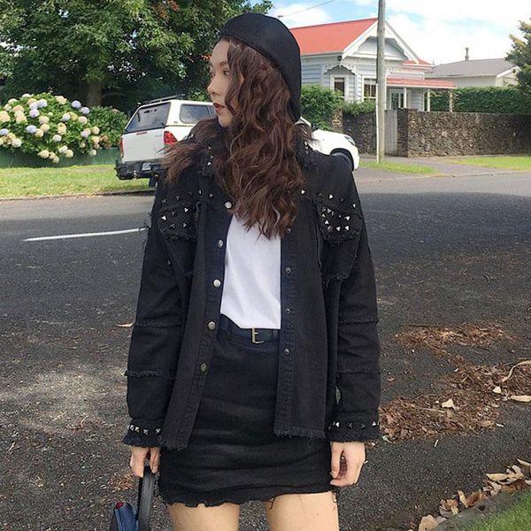 

looser long sleeve vintage denim clothing jackets jacket women single breasted rivet korean style women's, Black;brown