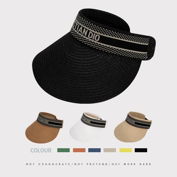 

wide brim hats 2021 summer sun protection cap women straw hat ins empty crown visor uv letter beach bonnet, Blue;gray