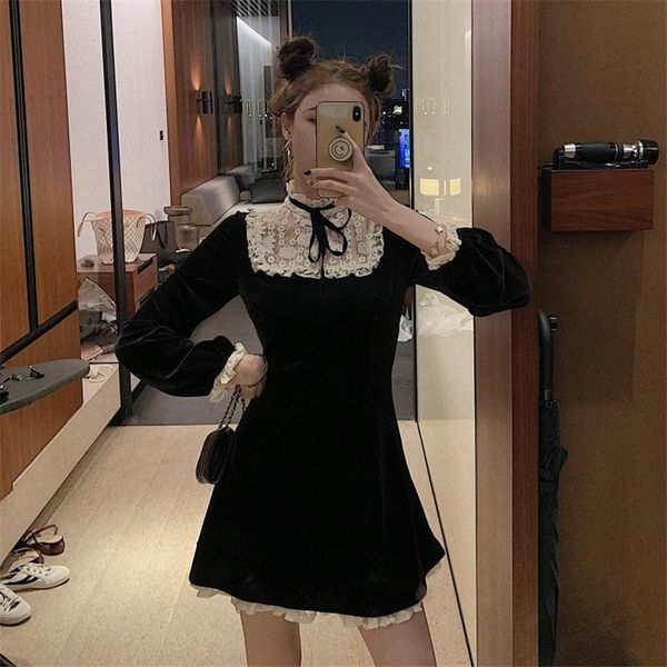 

casual dresses lace patchwork golden velvet dress women retro french style black mini vintage korean party slim drop, Black;gray