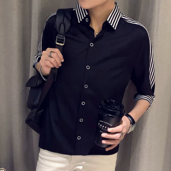 

men's casual shirts summer luxury striped shirt men half sleeve slim fit business streetwear blusa camisa social masculina op45, White;black