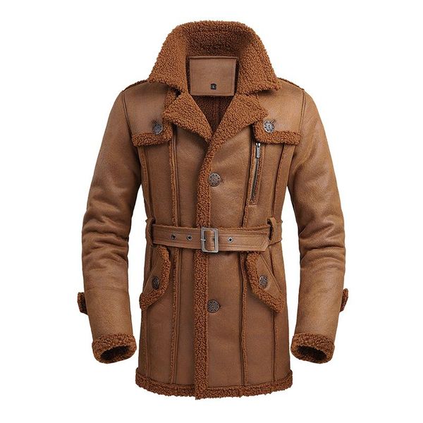 

men's fur & faux british style suede leather jacket men winter long punk coat single breasted windbreaker motorcycle, Black