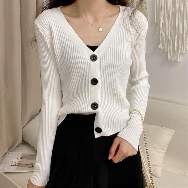 

women's knits & tees women v neck button cardigan knitted sweater autumn female long sleeve slim knitwear wdc9031, White
