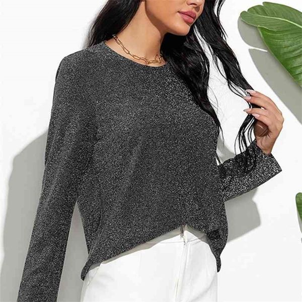 

women spring autumn solid t-shirts bright silk o neck long sleeve casual basic korean minimalist style shirt gray tshirt tee 210520, White