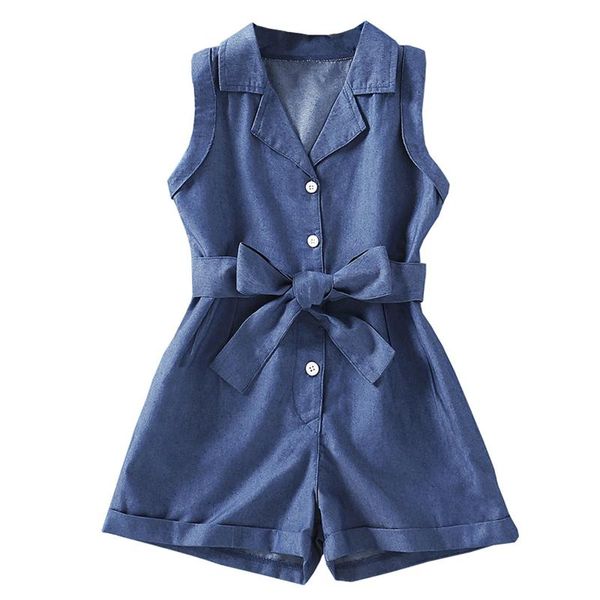 

jumpsuits oyolan kids girls casual summer jumpsuit lapel collar sleeveless front buttons closure bow belt shorts bodysuit denim outfit, Blue