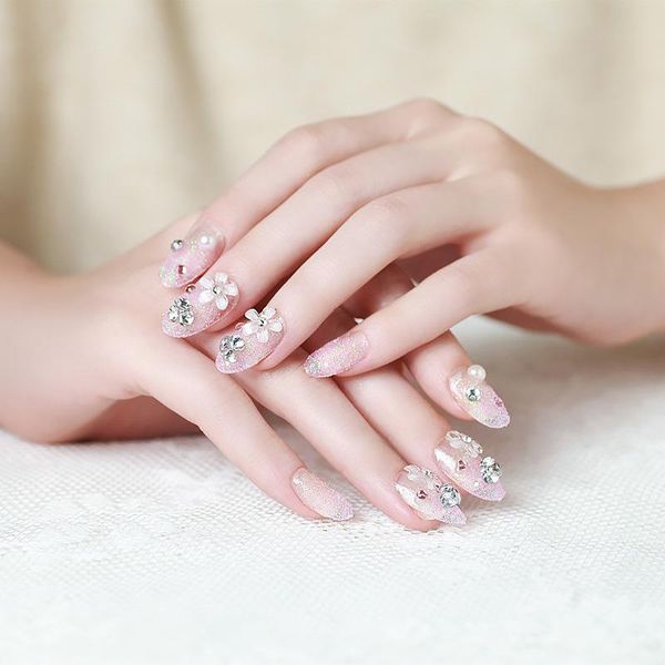 

false nails 24pcs/set rhinestone nail tips sticker bride press on fake glitter manicure flash chip with back glue to, Red;gold