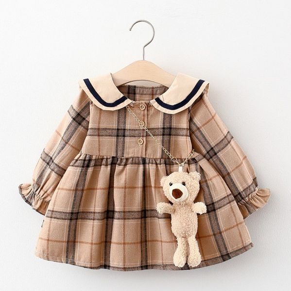 Meninas bonitos meninas princesa vestido 2021 primavera outono menina manga comprida vestidos xadrez com pequeno urso crianças saias casuais crianças roupas