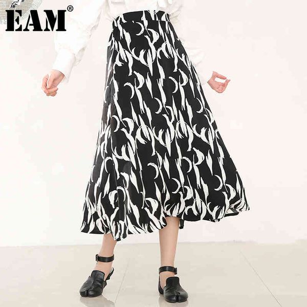 

[eam] long chiffon pattern print black high elastic waist half-body skirt women fashion spring autumn 1dd478201 210512