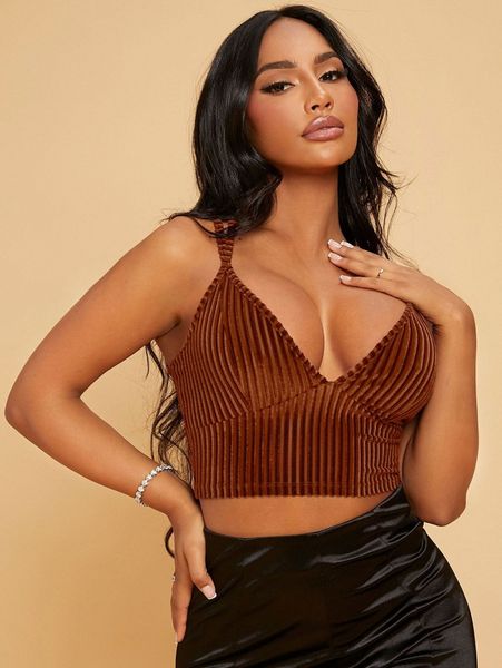 

criss cross rib-knit velvet cami crop t61l#, White