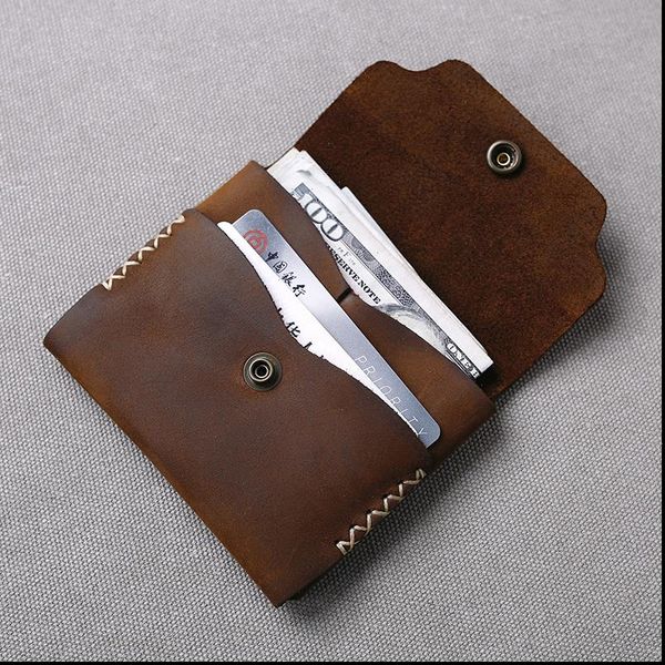 

item handmade small wallet for men vintage crazy horse leather minimalist card holder personalized gifts, Red;black