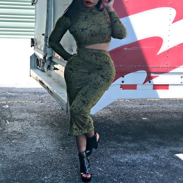 

two-piece 2021 women's waist long-sleeved t-shirt skirt set two piece pants, White