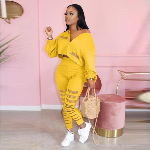 

casual autumn two piece set womens tracksuits long sleeve crop pants hollow out sportsuit outfit colthes for, Gray