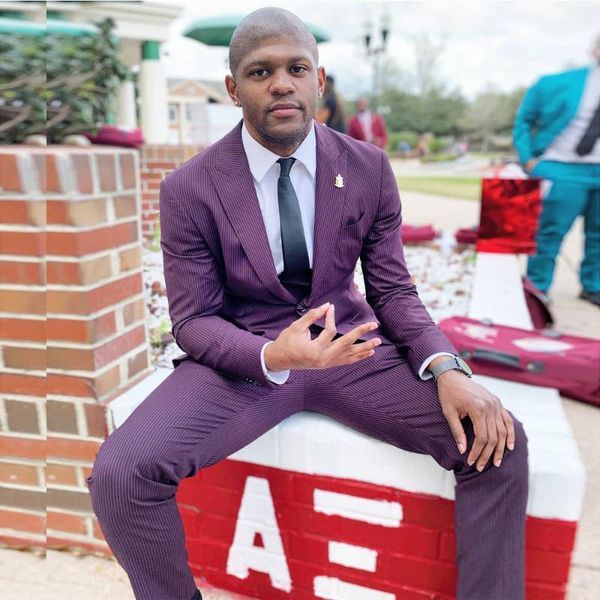 

men's suits & blazers purple vertical stripe suit peaked lapel slim fit male tuxedos wedding groom wear 3 pieces prom jacket and pants, White;black