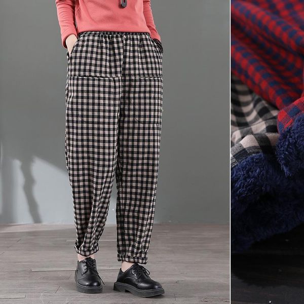 

winter women pants fleece 2021 plaid vintage harem loose cotton linen elastic waist thick straight trousers women's & capris, Black;white