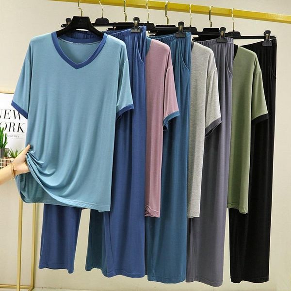 

men's sleepwear summer modal pajamas spring and short-sleeved trousers v-neck loose can be worn outside casual home service sui, Black;brown