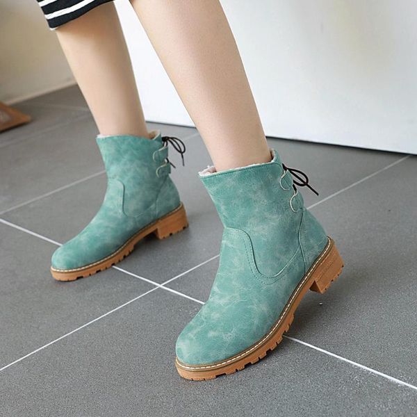 

boots 2021 winter fashion solid lace up ankle platform square heels short plush big size 43 comfy walking warm woman shoes, Black