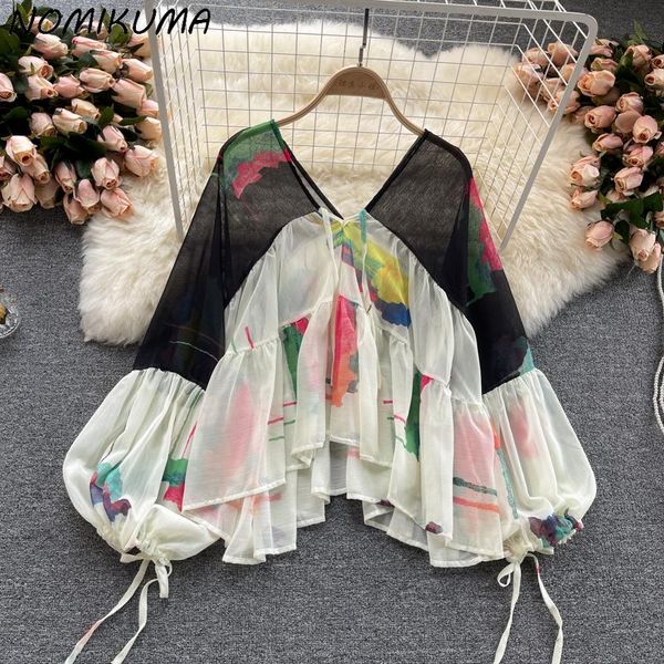 

women's blouses & shirts nomikuma chiffon womens korean contrast color printing doll shirt causal lace up puff sleeve v-neck 2021 6k45, White