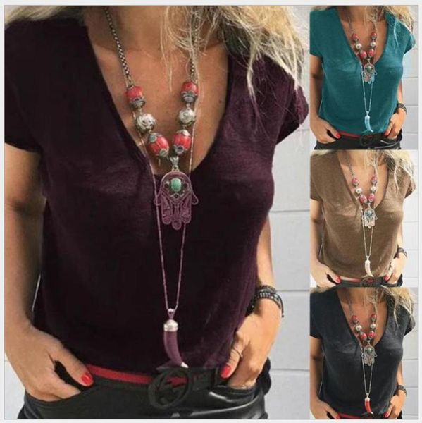 

2021 new women's solid v-neck short sleeve t-shirt, Black;gray