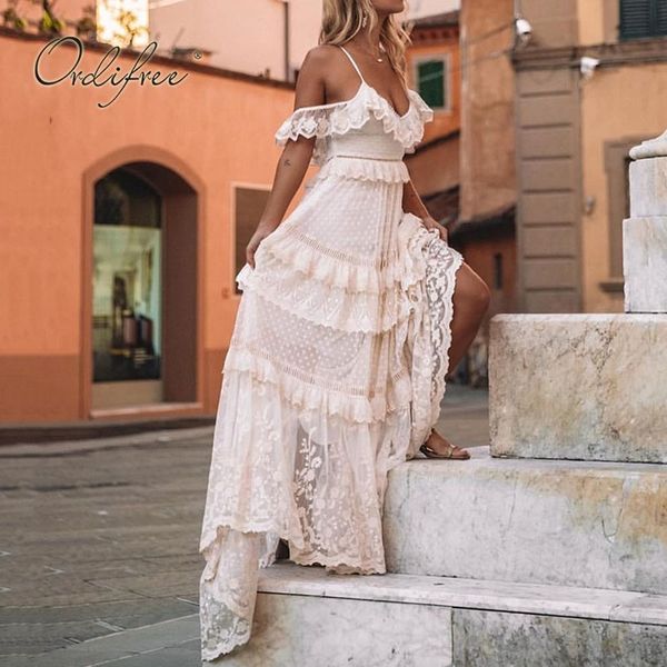 Mulheres Verão Ruffle Long off Ombro Polka Dot Beach Sundress Branco Lace Maxi Bolo Vestido Plus Tamanho 4XL 210415