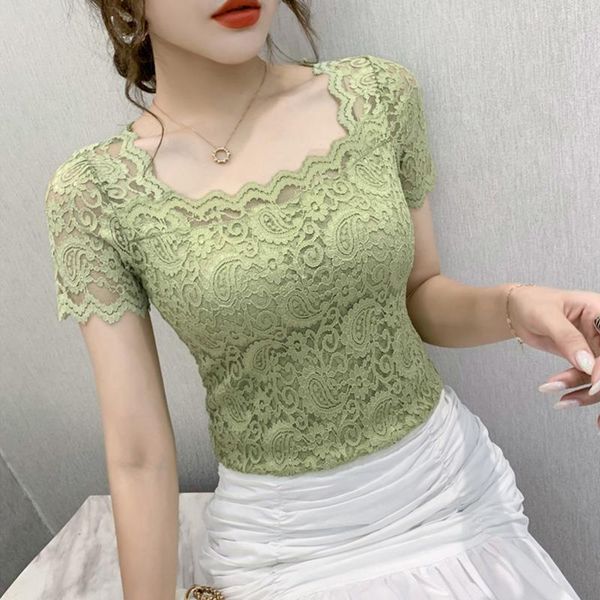 

lace summer short sleeve womens t shirt square collar solid color blusas, White