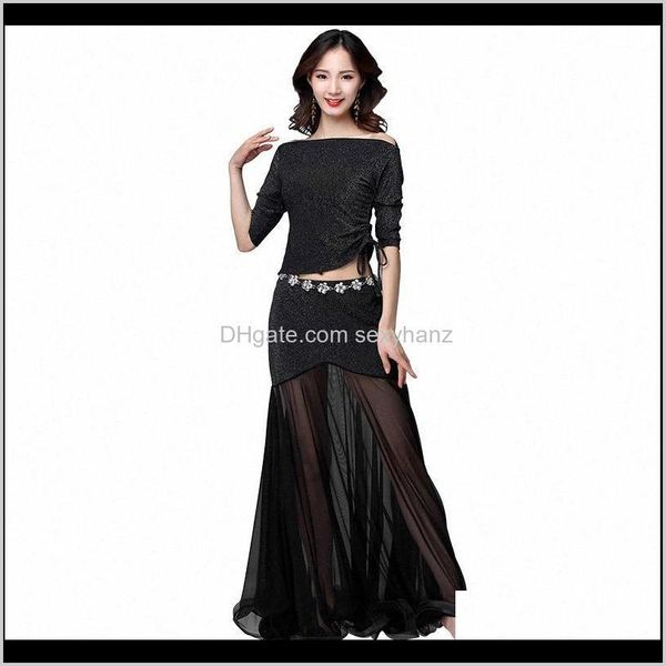 

stage wear apparel drop delivery 2021 fashion women belly dance clothing stretchy shinny fabric off shoulder ruffles maxi long skirts bellyd, Black;red
