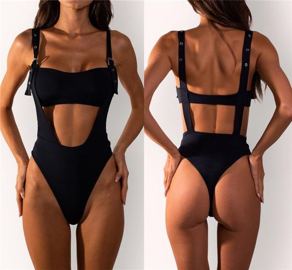 

one-piece suits black adjustable bukle swimwear women 2021 one piece backless high waist beach bathing suit hollow out femme monokini