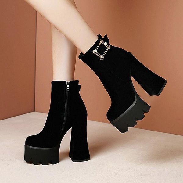 

boots platform super square high heel women ankle faux suede round toe ladies short side zipper shoes big size 34-43, Black