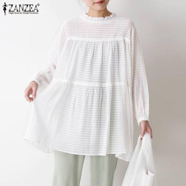 

women's blouses & shirts 2021 women vintage blouse summer tunic zanzea elegant o neck long sleeve shirt casual loose solid blusas chem, White