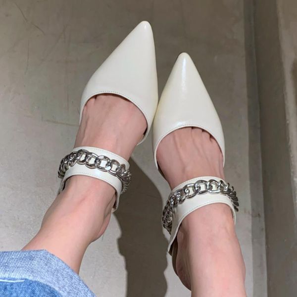 

fashion chains pointed toe genuine leather cat high heels woman mules shoes pumps dress, Black