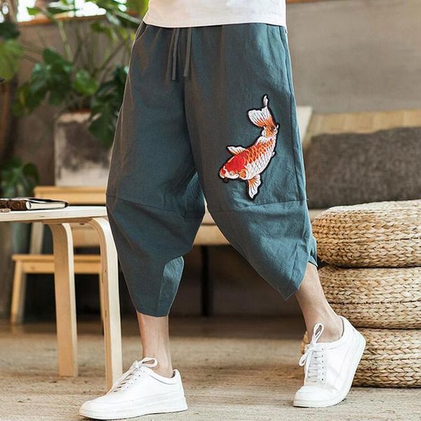

mens 2021 beach pants male summer casual calf-length man carp embroidery baggy loose trousers men's, Black