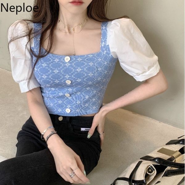 

neploe women t shirt sweet korean crop square neck patchwork plaid thin knitted shirts summer puff short sleeve fashion 210422, White