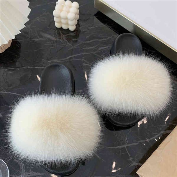 

2021 summer brand fur slippers fashion real fur slides fur ladies slippers, Black