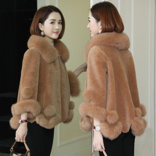 

women's fur & faux 2021 winter grain sheep sheared cashmere overcoat female collar integration fashion short korean jacket, Black