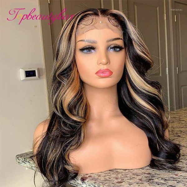 

highlight 13x6 lace front human hair wig honey blonde brown pre plucked 180% brazilian remy wavy frontal wigs for women1, Black;brown