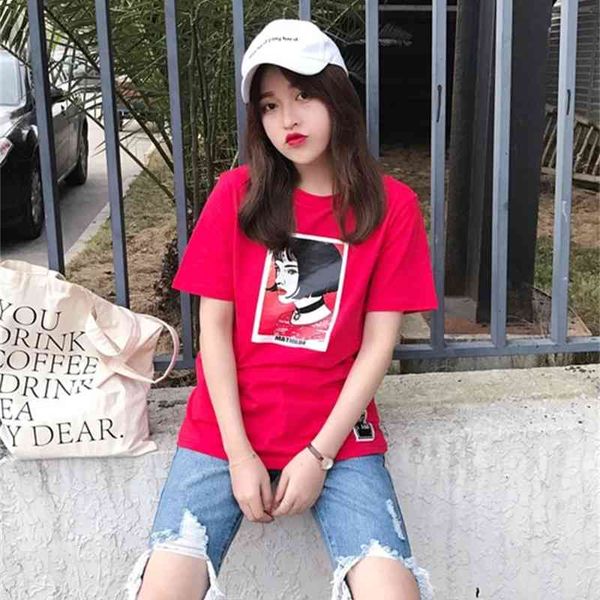 

fashion cute all match casual loose simple character printed short sleeve female t-shirts 210426, White