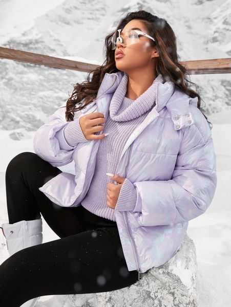 

plus metallic zip up puffer coat u4lt#, Black