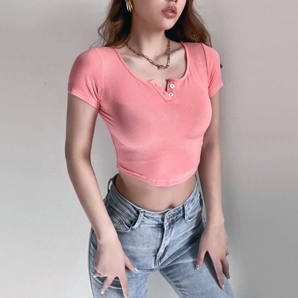 

women's t-shirt women button front o neck short sleeve with curved hem, White