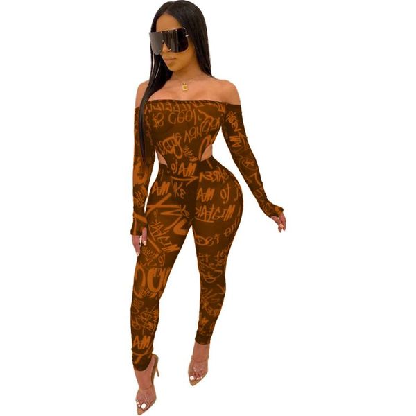 

two piece dress 2021 summer women beach style sets long sleeve card shoulder jumpsuits ealstic pants printed, White