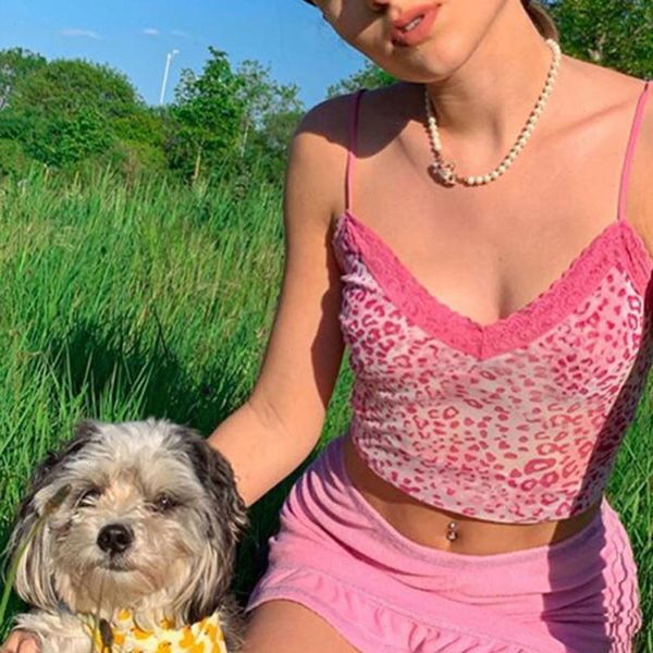 

e girl y2k pink leopard women tanks print v neck with lace camis sweet fashion spaghetti strap backless summer, White
