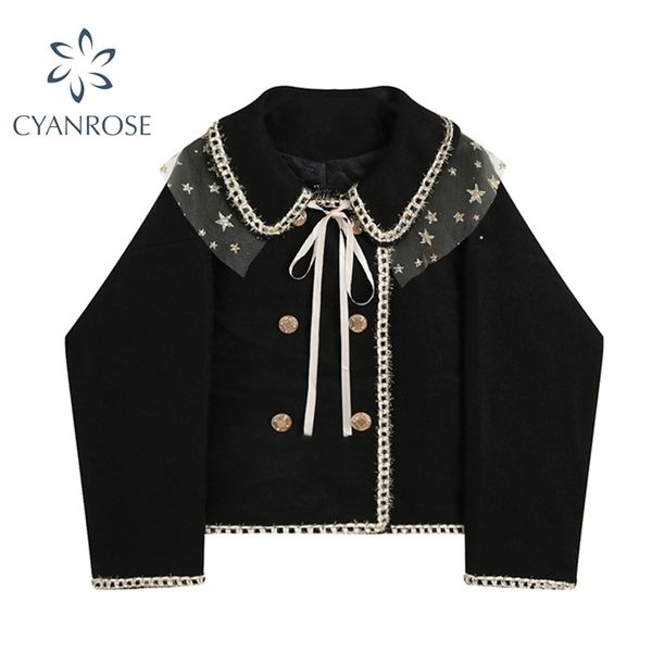 

black woolen coat loose spliced mesh lace up double breasted peter pan collar vintage jacket outwear long sleeve sweet 210515, Black;brown