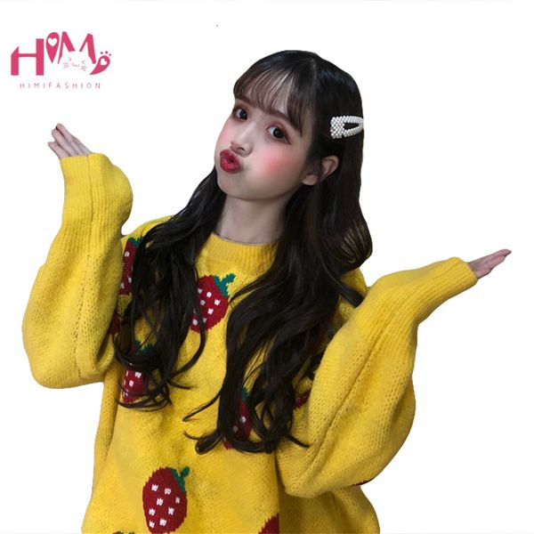 

harajuku kawaii knit black sweater women winter korean oversize casual yellow pullover cute strawberry soft lovely warm jumper, White;black