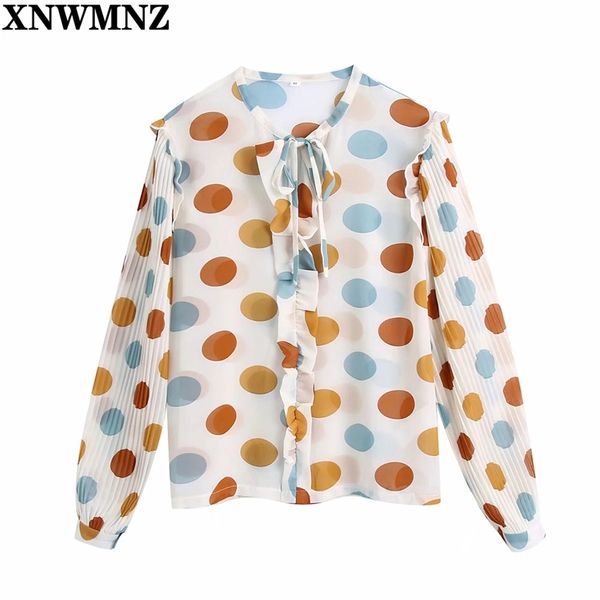 

vintage women polka dot blouse puff sleeve casual shirt stylish tunic fashion stand collar bow tie blusa aesthetic 210520, White