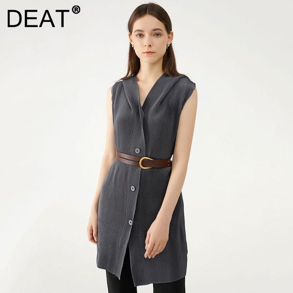 

women's vests deat woman pleated vest grey hooded collar sleeveless single breasted slim elastic coat casual style 2021 summer 15xm117, Black;white
