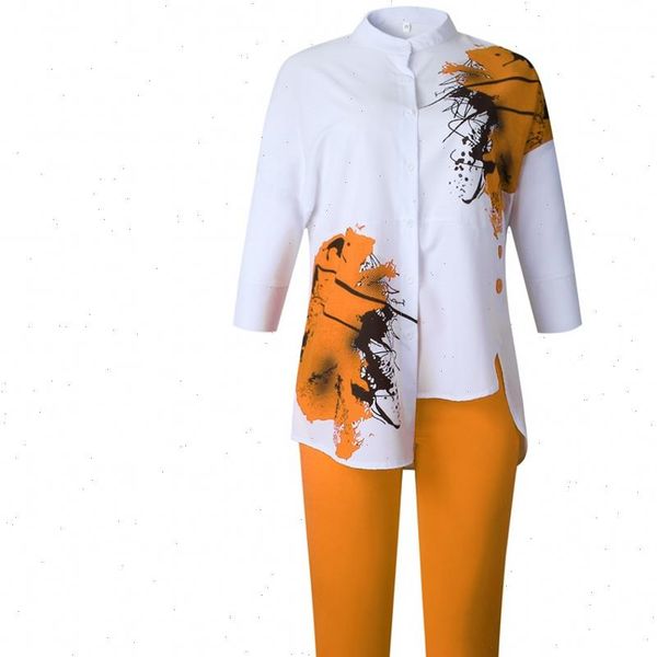 

3xl plus size print piece womens pants sets white shirts and lady fashion irregular split casual suits afican autumn
