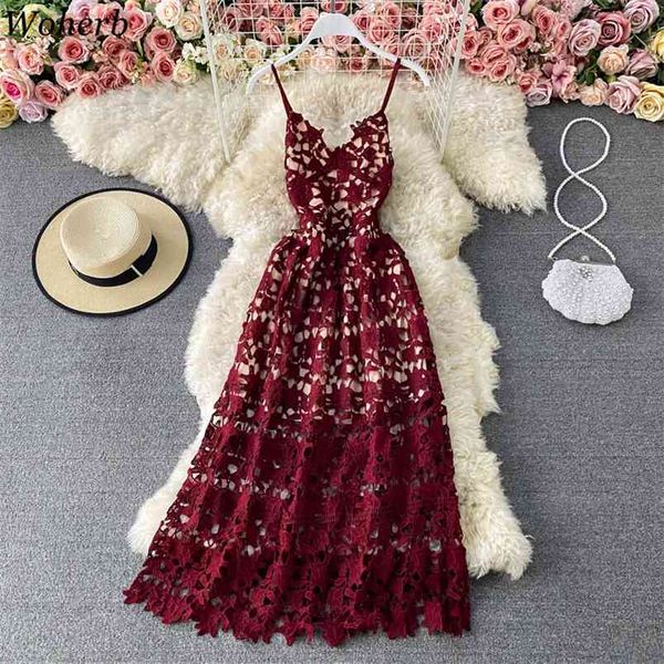 V-ausschnitt Frau Kleid Solide Sexy Spitze Aushöhlen Sommer Party Nacht Hinweis Vestidos Koreanische Mode Ins Vintage Kleider 210519