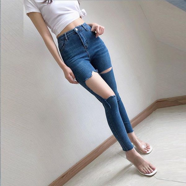 

women's jeans womengaga blue high waist large hole skinny 2021 spring summer slim elastic hip raising quarter leggings uivu