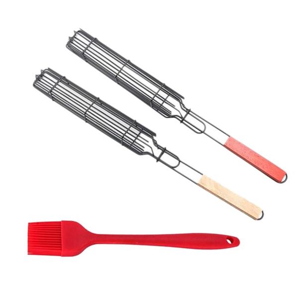 

grilling basket barbecue reusable wooden handle tool mesh with brush fishing hooks