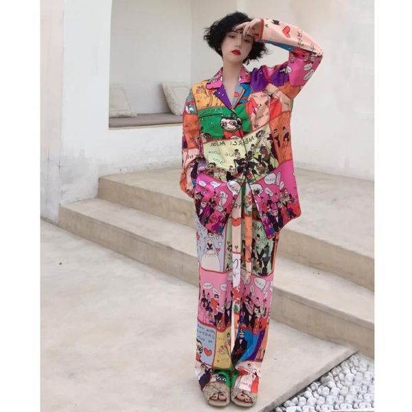 

women's two piece pants harleyfashion fashion comfortable fabric lazy style printing suit loose bouse stretchy trousers street cartoon, White