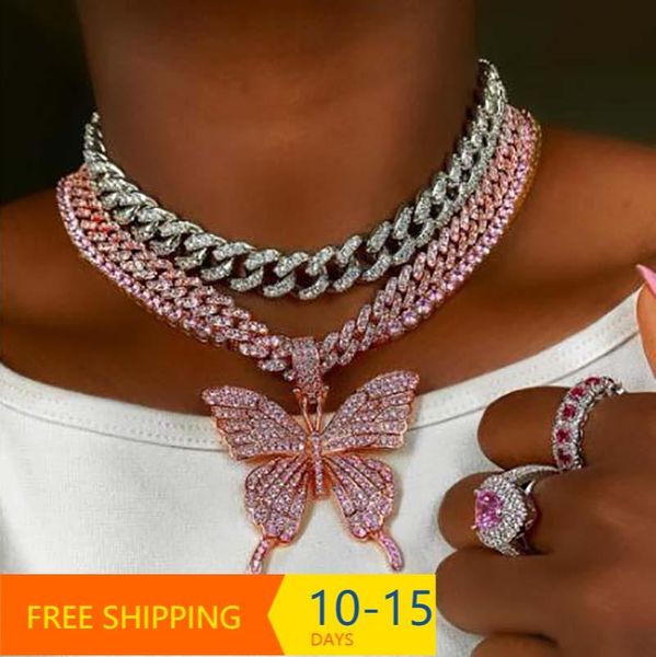 

pendant necklaces kmvexo pink clear crystal butterfly charm miami curb cuban chain hip hop necklace rapper gift rock for men women jewelry, Silver