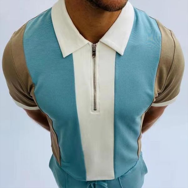 

summer short sleeve mens polos fashion shirt harajuku streetwear vintage patchwork zipper design shirts men casual, White;black